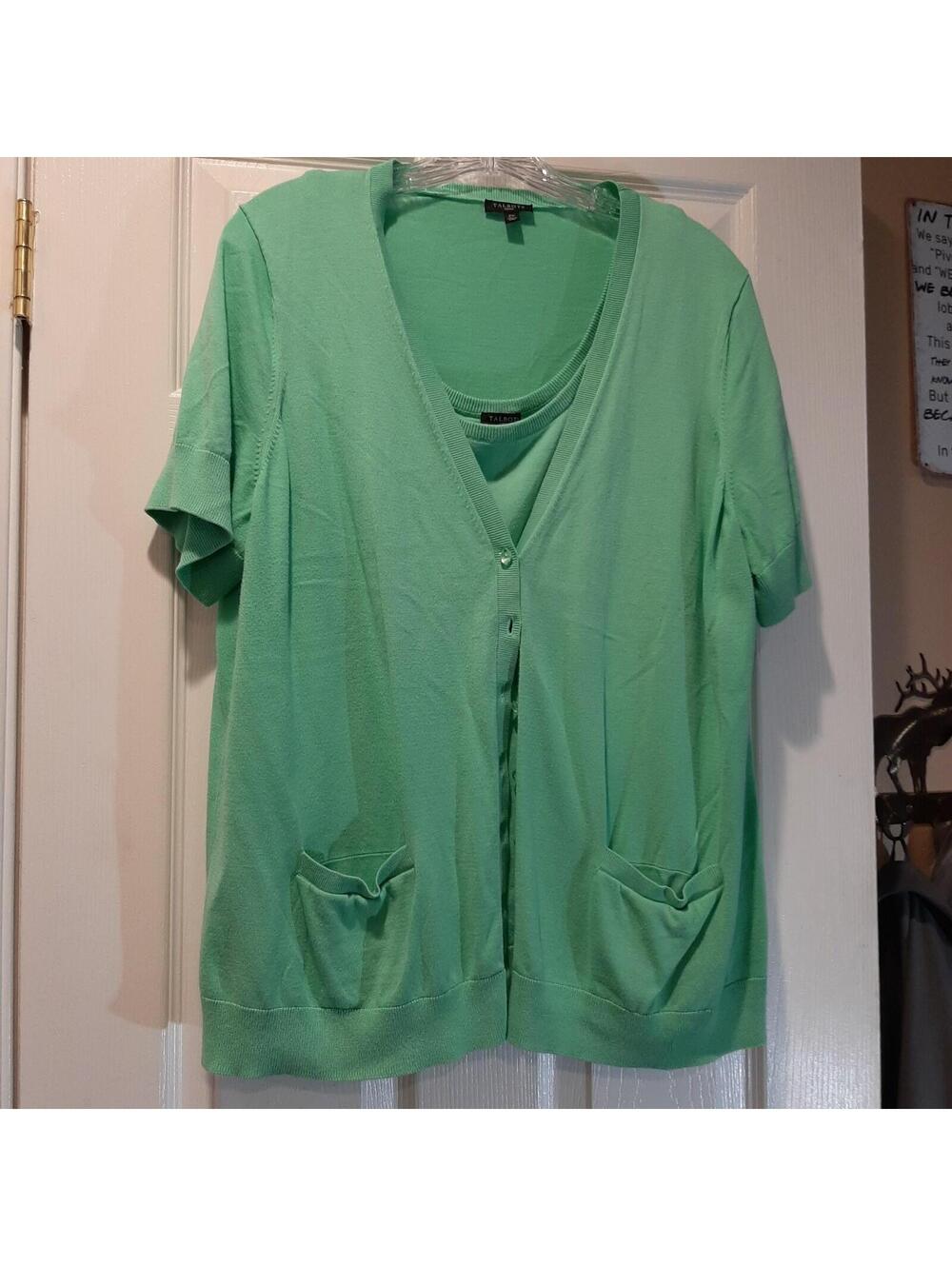 Talbots Cardigan Twin Set Sweater 2X Mint Green Cotton Blend Closet Staple Basic